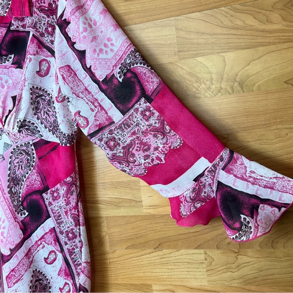 Blue Diamond XL Sheer Surplice Peplum Style Top with Bell Sleeves Pink &… - Picture 4 of 9